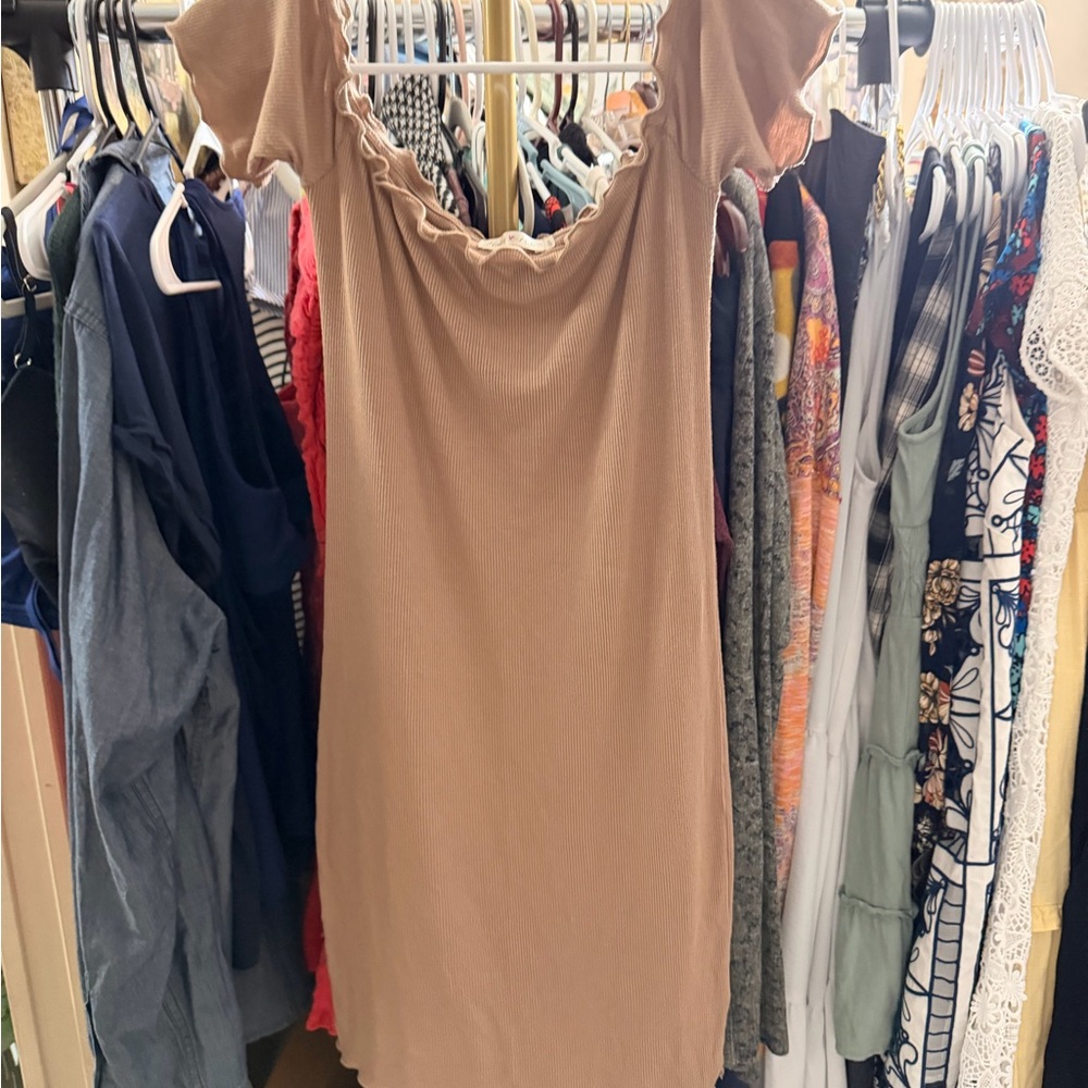 Heart Hips Ribbed Ruffle Neck Dress - Tan